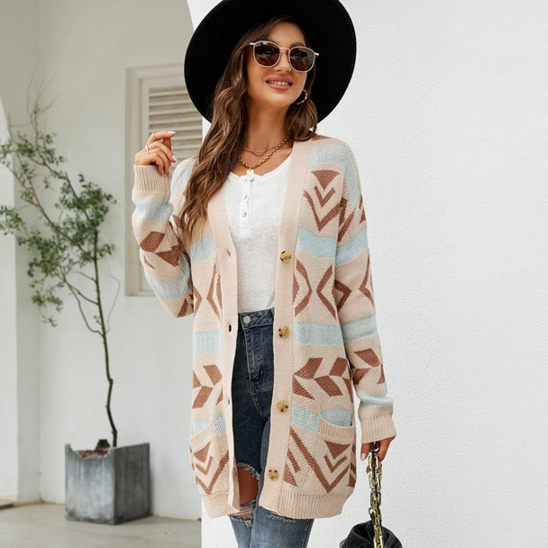 Autumn and Winter Female Diamond Loose Knitted Cardigan Jacquard Medium-length Sweater Jacket, Size: L(Beige)