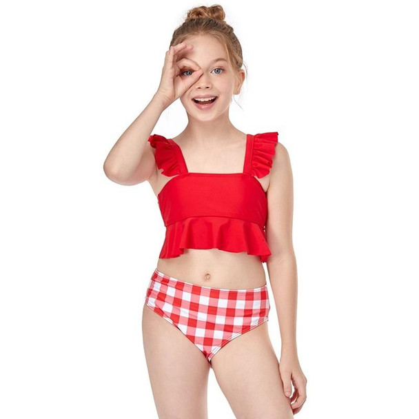 2 in 1 Solid Color Small Flounce Swimwear + Plaid Swim Shorts Baby Girls Split Swimsuit Set (Color:Red Size:128)