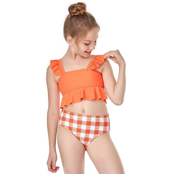 2 in 1 Solid Color Small Flounce Swimwear + Plaid Swim Shorts Baby Girls Split Swimsuit Set (Color:Orange Size:152)