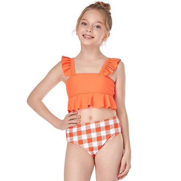 2 in 1 Solid Color Small Flounce Swimwear + Plaid Swim Shorts Baby Girls Split Swimsuit Set (Color:Orange Size:152)