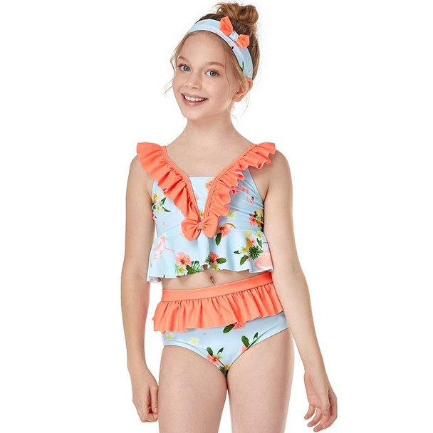 2 in 1 Small Flounce Print Swimwear + Swimming Trunks Baby Girls Split Swimsuit Set (Color:Orange Size:140)