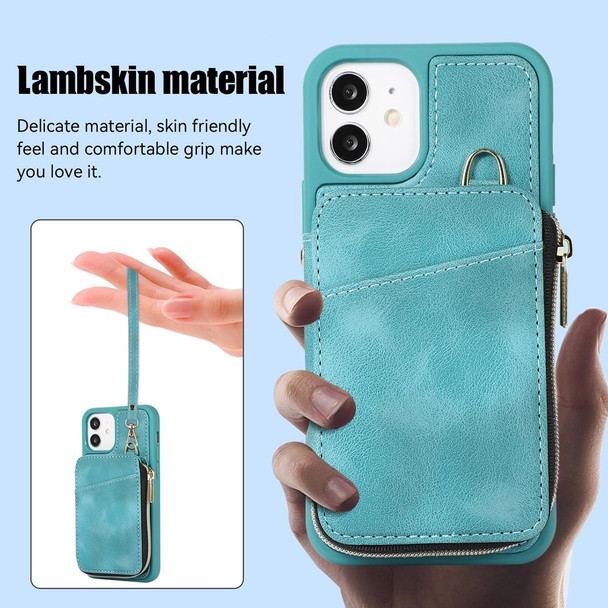 For iPhone 12 Zipper Card Bag Back Cover Phone Case(Turquoise)