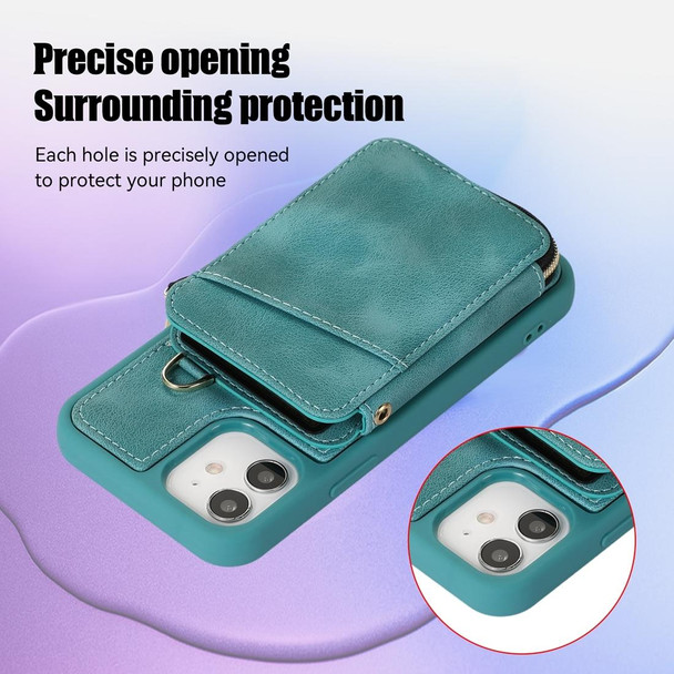 For iPhone 12 Zipper Card Bag Back Cover Phone Case(Turquoise)