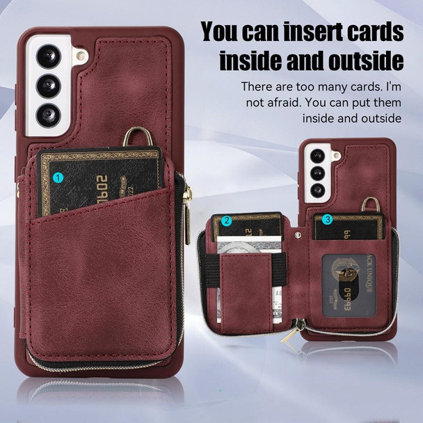 For Samsung Galaxy S22 5G Zipper Card Bag Back Cover Phone Case(Wine Red)