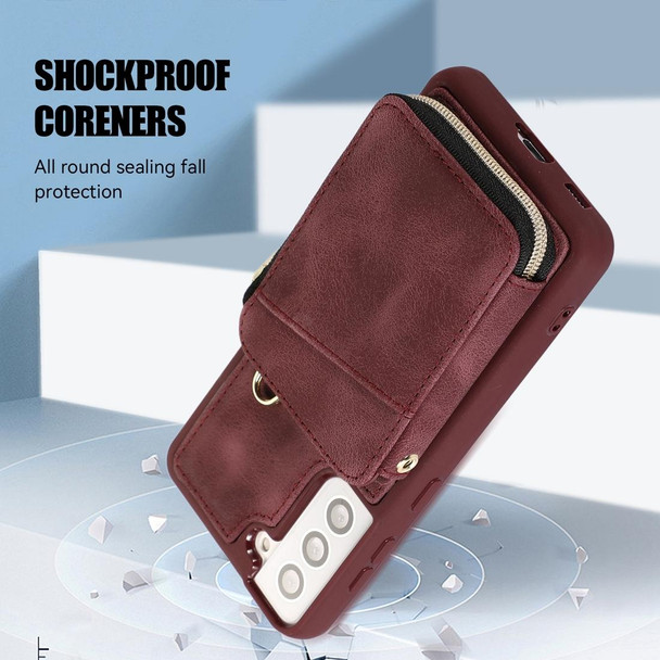 For Samsung Galaxy S22 5G Zipper Card Bag Back Cover Phone Case(Wine Red)