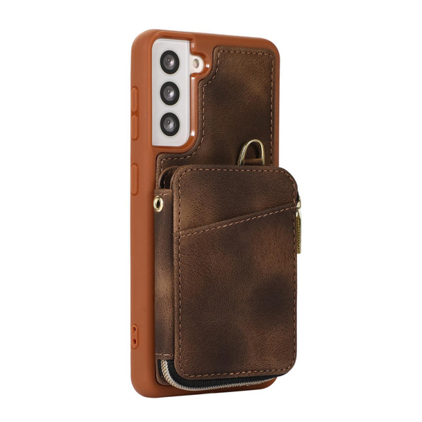 For Samsung Galaxy S21+ 5G Zipper Card Bag Back Cover Phone Case(Brown)