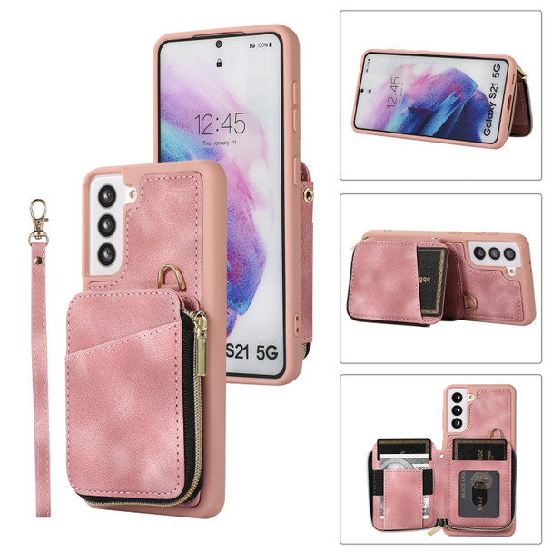 For Samsung Galaxy S21+ 5G Zipper Card Bag Back Cover Phone Case(Pink)