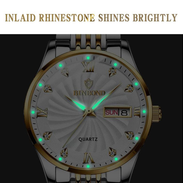 BINBOND B3034 Diamond 30m Waterproof Business Watch Men's Butterfly Buckle Luminous Quartz Watch(Inter-gold-White)