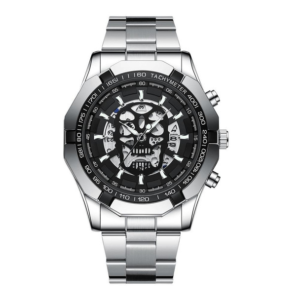 BINBOND S034 30M Waterproof Quartz Watch Skull Skeleton Luminous Watch(White Steel Black)