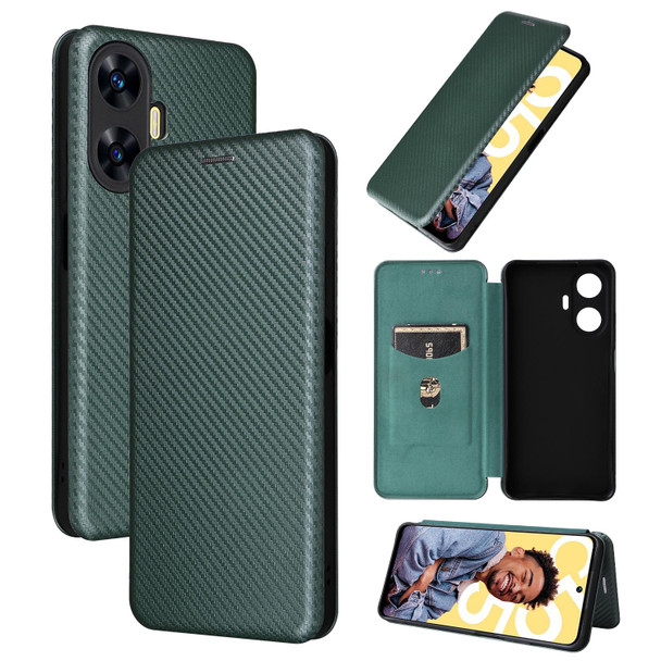 For Realme C55 Carbon Fiber Texture Flip Leatherette Phone Case(Green)