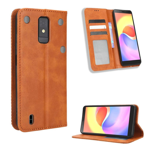 For ZTE Blade A32 Magnetic Buckle Retro Texture Leather Phone Case(Brown)