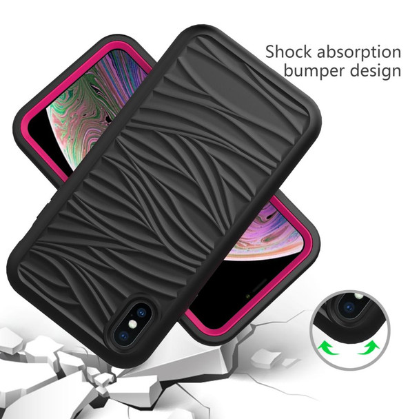 iPhone XS Max Wave Pattern 3 in 1 Silicone+PC Shockproof Protective Case(Black+Hot Pink)