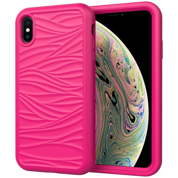 iPhone XR Wave Pattern 3 in 1 Silicone+PC Shockproof Protective Case(Hot Pink)