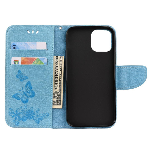 iPhone 12 Pro Max Vintage Embossed Floral Butterfly Pattern Horizontal Flip Leather Case with Card Slot & Holder & Wallet & Lanyard(Blue)