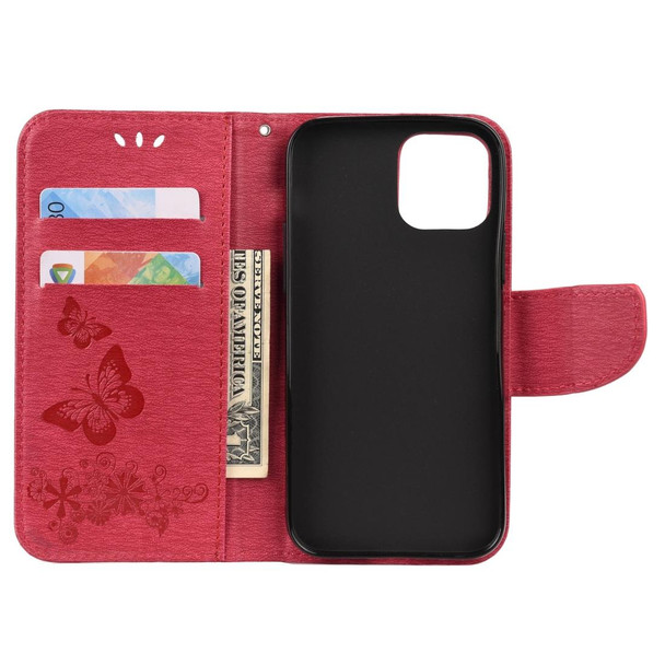 iPhone 12 mini Vintage Embossed Floral Butterfly Pattern Horizontal Flip Leather Case with Card Slot & Holder & Wallet & Lanyard(Red)