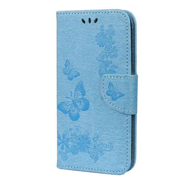 iPhone 12 mini Vintage Embossed Floral Butterfly Pattern Horizontal Flip Leather Case with Card Slot & Holder & Wallet & Lanyard(Blue)