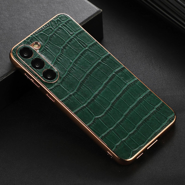 For Samsung Galaxy S23 5G Crocodile Texture Genuine Leatherette Electroplating Phone Case(Dark Green)