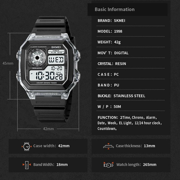 SKMEI 1998 Transparent Shell Ice Sensor Outdoor Sports Waterproof Multi-function Watch(Black)