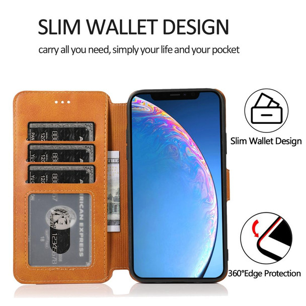 iPhone 12 / 12 Pro Calf Texture Magnetic Buckle Horizontal Flip Leather Case with Holder & Card Slots & Wallet & Photo Frame(Khaki)