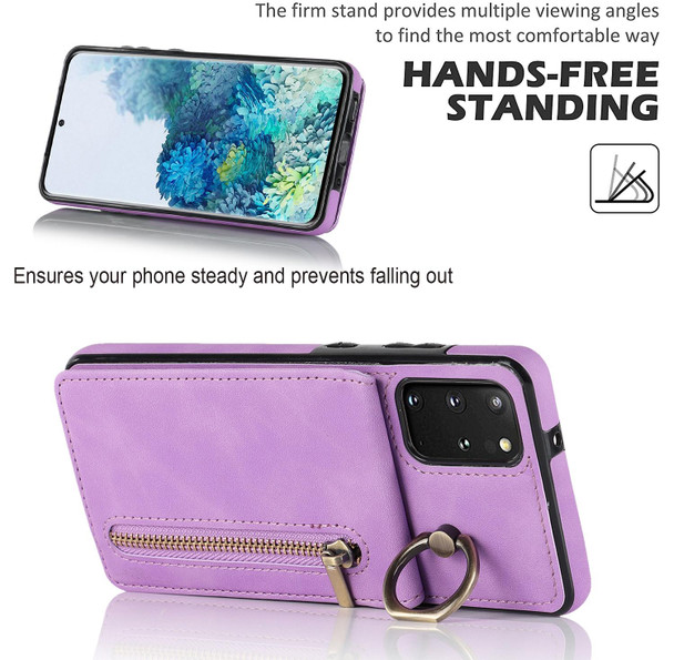 For Samsung Galaxy S20+ Retro Ring and Zipper RFID Card Slot Phone Case(Purple)