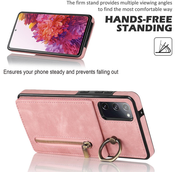 For Samsung Galaxy S20 FE Retro Ring and Zipper RFID Card Slot Phone Case(Pink)