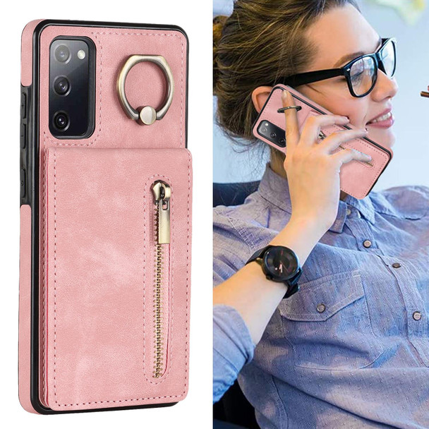 For Samsung Galaxy S20 FE Retro Ring and Zipper RFID Card Slot Phone Case(Pink)