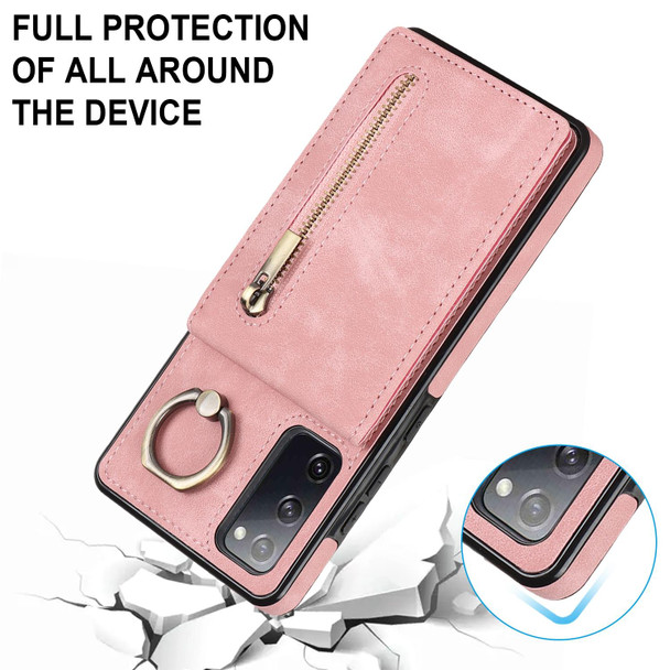 For Samsung Galaxy S20 FE Retro Ring and Zipper RFID Card Slot Phone Case(Pink)