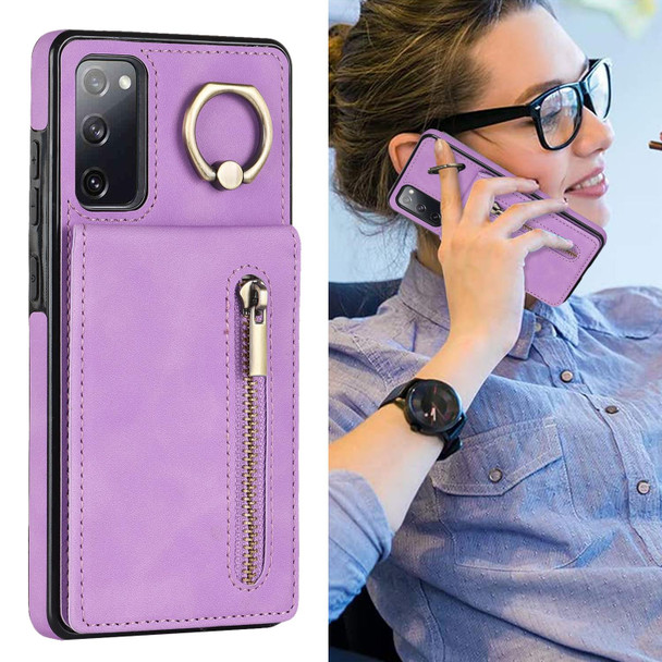 For Samsung Galaxy S20 FE Retro Ring and Zipper RFID Card Slot Phone Case(Purple)