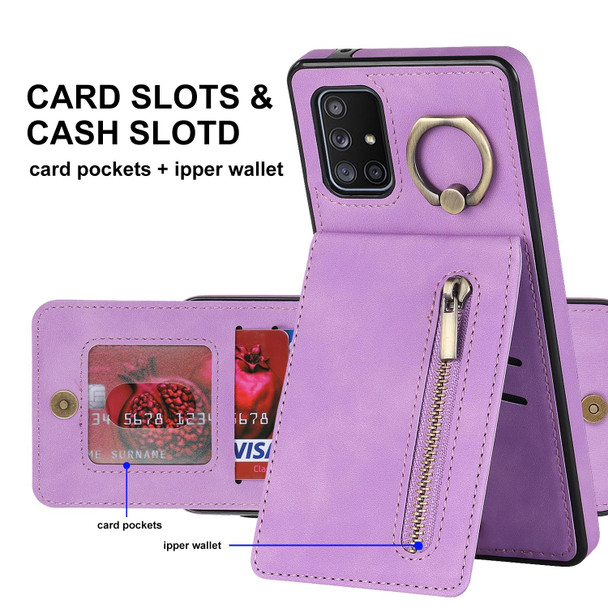 For Samsung Galaxy A71 5G Retro Ring and Zipper RFID Card Slot Phone Case(Purple)