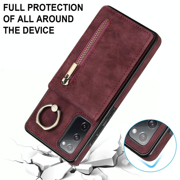 For Samsung Galaxy S20 FE Retro Ring and Zipper RFID Card Slot Phone Case(Wine Red)