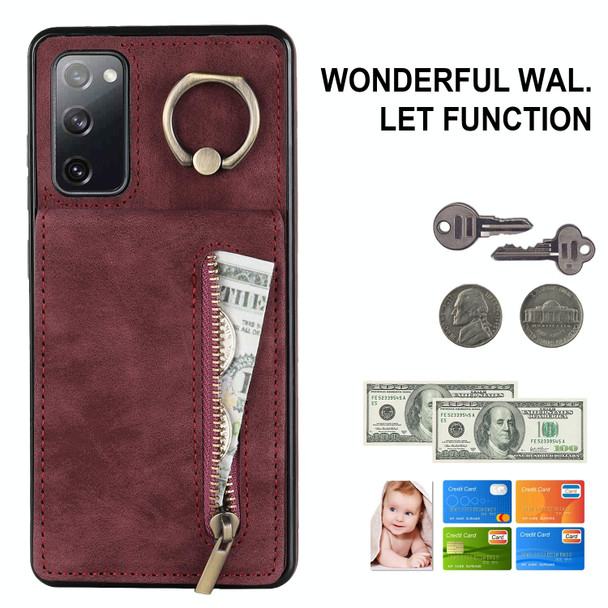 For Samsung Galaxy S20 FE Retro Ring and Zipper RFID Card Slot Phone Case(Wine Red)