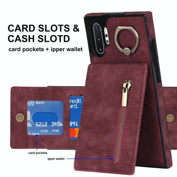 For Samsung Galaxy Note10+ Retro Ring and Zipper RFID Card Slot Phone Case(Wine Red)