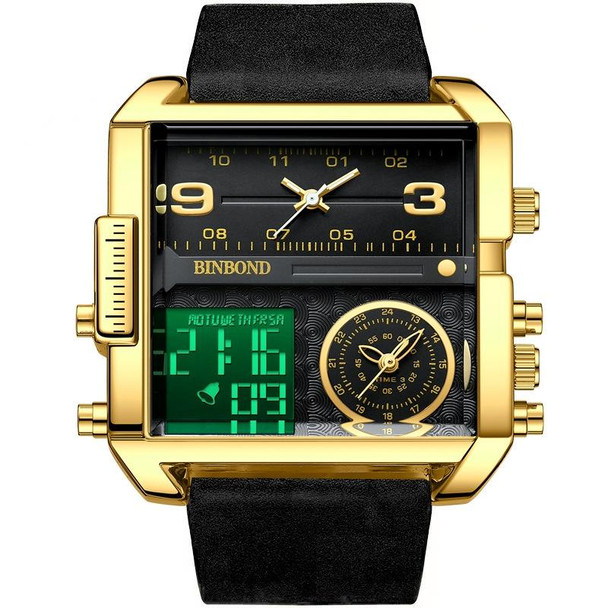 BINBOND B3332 Square Multifunctional Sports Quartz Waterproof Watch(Black Leatherette-Full-gold-Black)