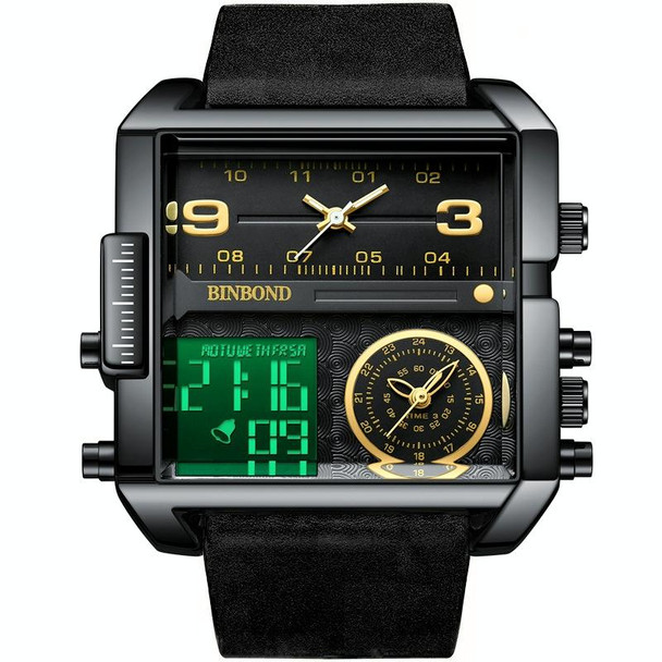 BINBOND B3332 Square Multifunctional Sports Quartz Waterproof Watch(Black Leatherette-Black-Black-Gold)