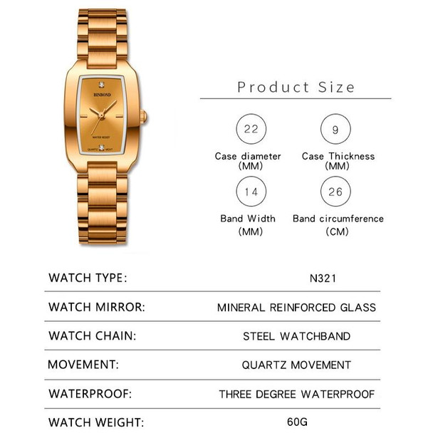 BINBOND N321 Square Temperament Metal 30M Waterproof Quartz Watch, Color: Gold
