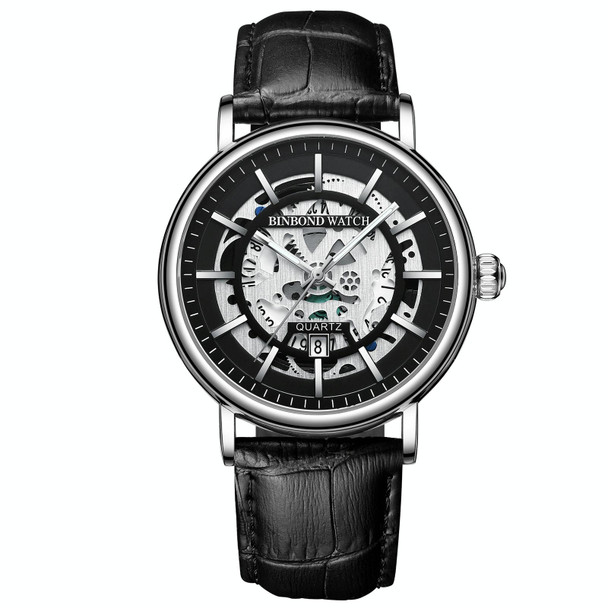 BINBOND B7872 Multifunctional Hollow Luminous Waterproof Quartz Watch, Color: Black Leatherette-White-Black