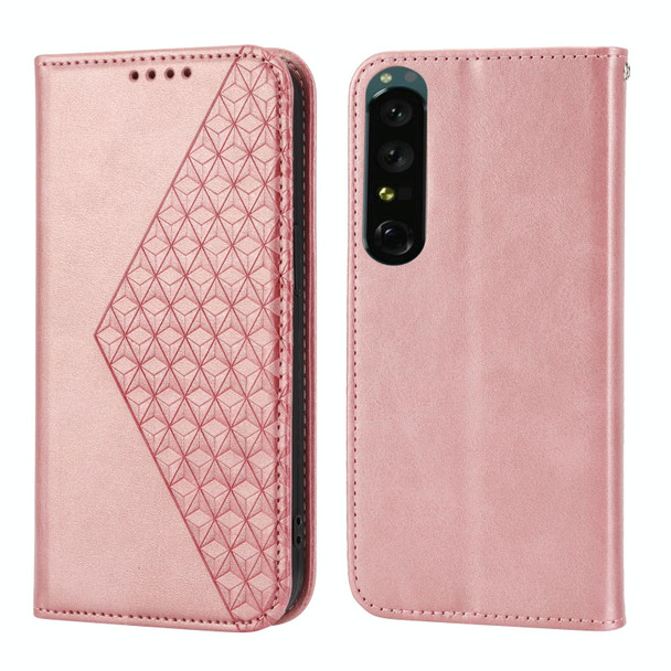 For Sony Xperia 1 V 5G Cubic Grid Calf Texture Magnetic Leatherette Phone Case(Rose Gold)