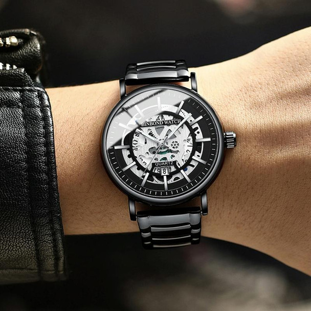 BINBOND B7872 Multifunctional Hollow Luminous Waterproof Quartz Watch, Color: Black Steel-Black-White