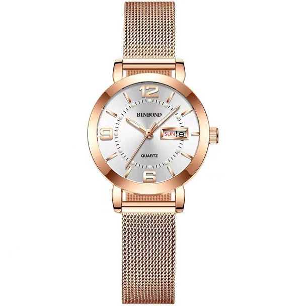 BINBOND B5907 Luminous Quartz Ladies Watch 30M Waterproof Calendar Steel Belt Watch(White)