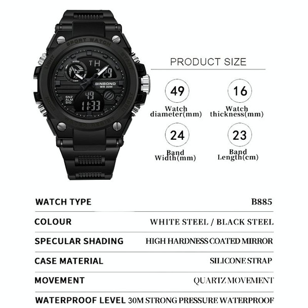 BINBOND B885 Outdoor Sports Timing Dual-Display Waterproof Electronic Watches(Black-White-Black)