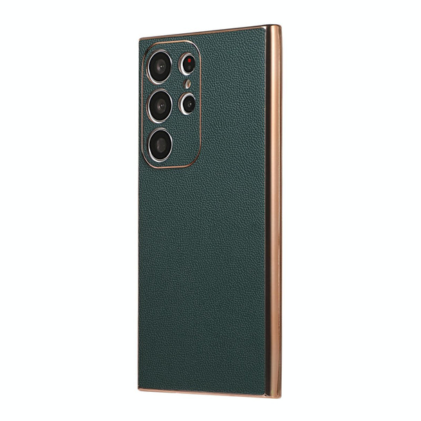 For Samsung Galaxy S23 Ultra 5G Genuine Leatherette Luolai Series Nano Plating Phone Case(Dark Green)