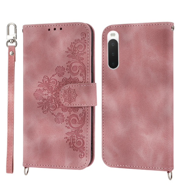 For Sony Xperia 10 V 4G Skin-feel Flowers Embossed Wallet Leatherette Phone Case(Pink)