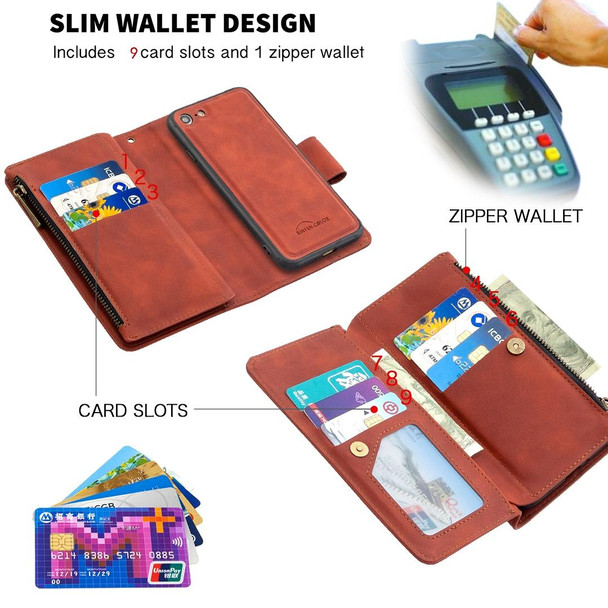 iPhone SE 2022 / SE 2020 / 8 / 7 Skin Feel Detachable Magnetic Zipper Horizontal Flip PU Leather Case with Multi-Card Slots & Holder & Wallet & Photo Frame & Lanyard(Brown)