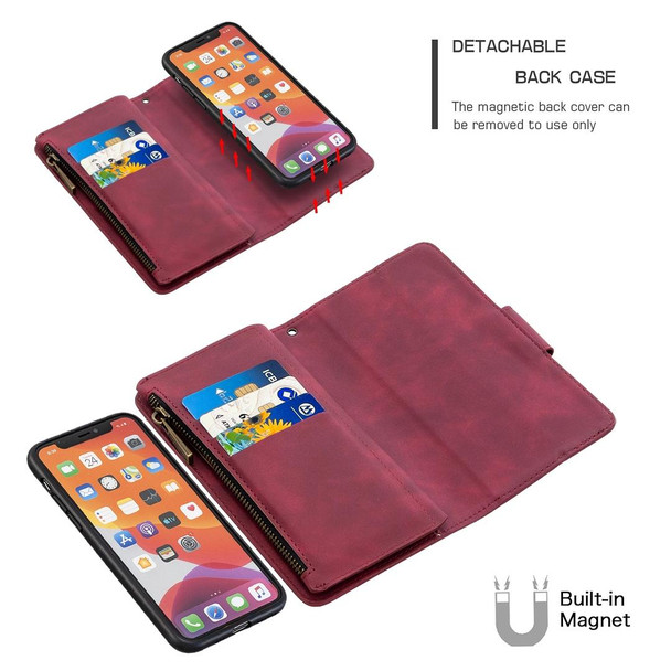 iPhone 11 Pro Skin Feel Detachable Magnetic Zipper Horizontal Flip PU Leather Case with Multi-Card Slots & Holder & Wallet & Photo Frame & Lanyard(Red)