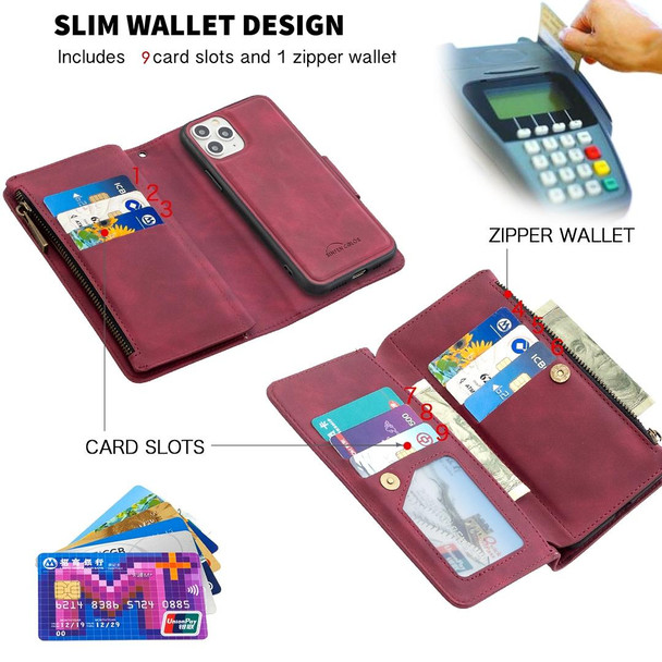 iPhone 11 Pro Skin Feel Detachable Magnetic Zipper Horizontal Flip PU Leather Case with Multi-Card Slots & Holder & Wallet & Photo Frame & Lanyard(Red)
