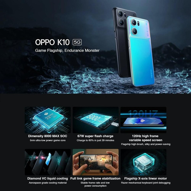 OPPO K10 5G, 8GB+256GB, 64MP Camera, Chinese Version, Triple Rear Cameras, Side Fingerprint Identification, 6.59 inch ColorOS 12.1 Dimensity 8000-MAX Octa Core up to 2.75Ghz, Network: 5G, Support Google Play(Blue)