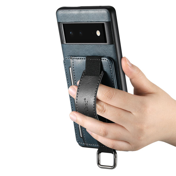 For Googel Pixel 6 Pro Suteni H13 Card Wallet Wrist Strap Holder PU Phone Case(Blue)
