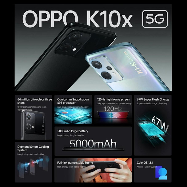 OPPO K10x 5G, 12GB+256GB, 64MP Camera, Chinese Version, Triple Rear Cameras, Side Fingerprint Identification, 6.59 inch ColorOS 12.1 Qualcomm Snapdragon 695 Octa Core up to 2.2GHz, Network: 5G, Support Google Play(Aurora)