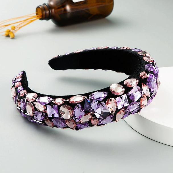 Gold Velvet Headband High-end Color Full Rhinestone Handmade Wide-brimmed Headband(Purple Pink)