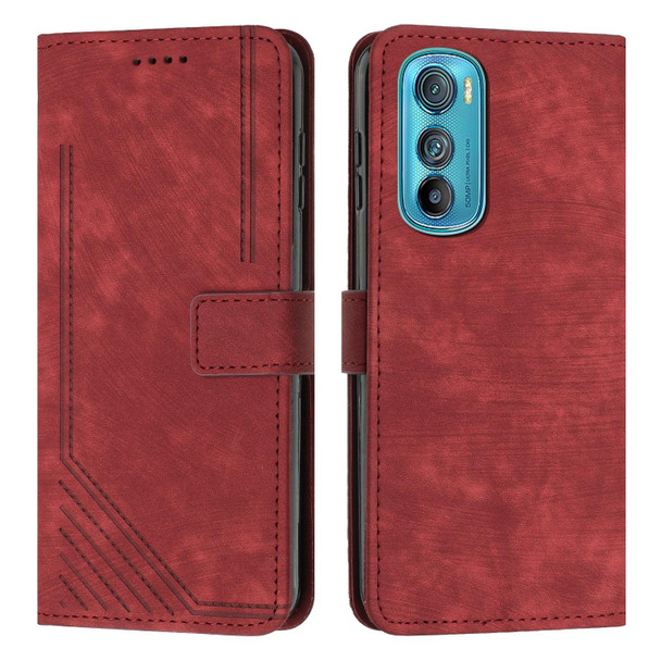 For Motorola Edge 30 Skin Feel Stripe Pattern Leatherette Phone Case with Lanyard(Red)